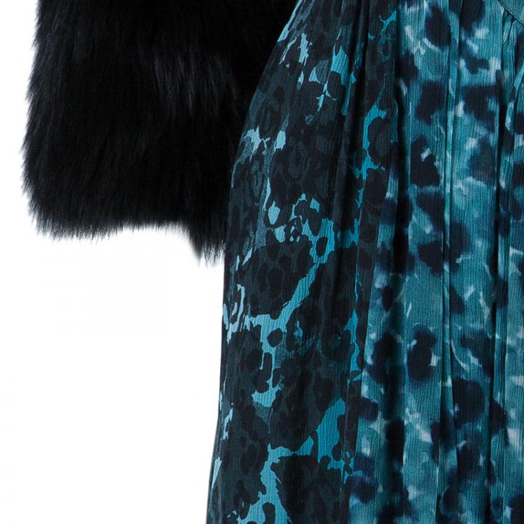 Pre Owned Burberry Prorsum Teal Printed Fur Trimmed Dress M
