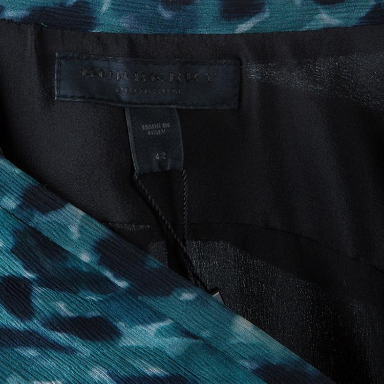 Pre Owned Burberry Prorsum Teal Printed Fur Trimmed Dress M