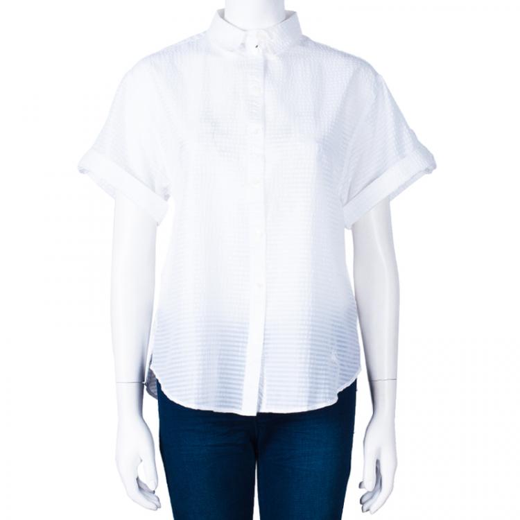 Pre Owned Burberry White Short Sleeve Cotton Top XS