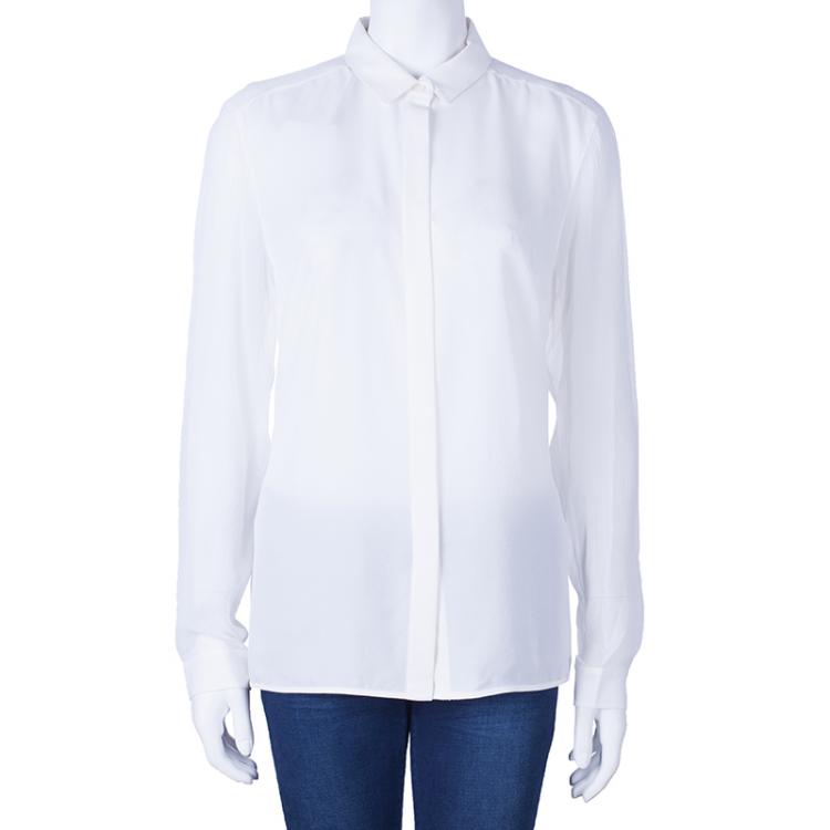Pre Owned Burberry White Silk Button Down Top M