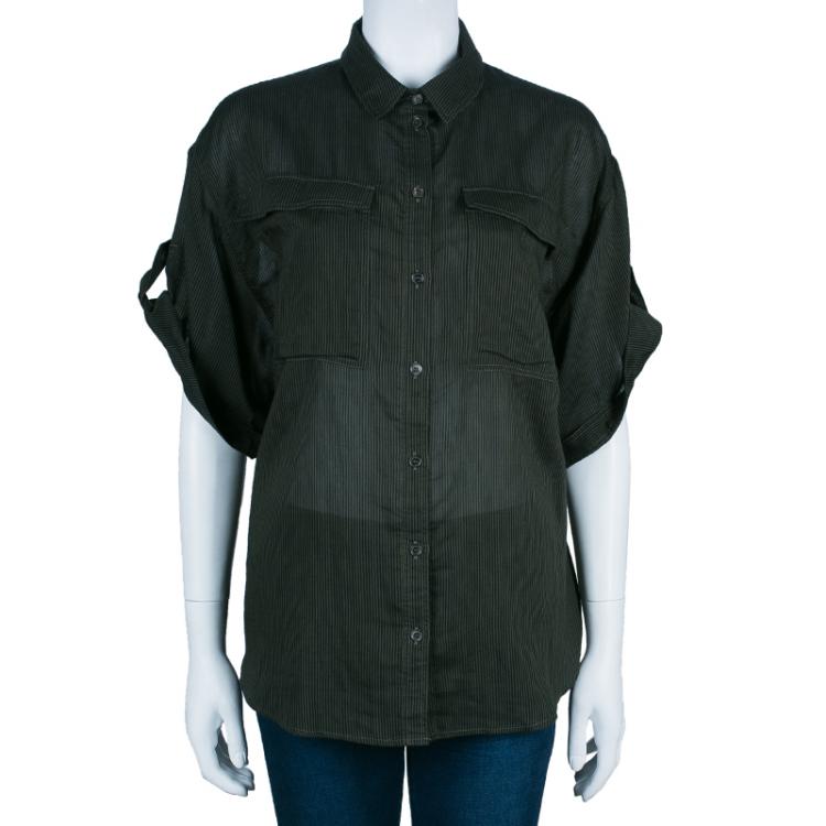 Pre Owned Burberry Brit Military Green Striped Button Down Shirt XL