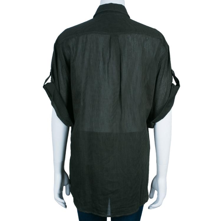 Pre Owned Burberry Brit Military Green Striped Button Down Shirt XL