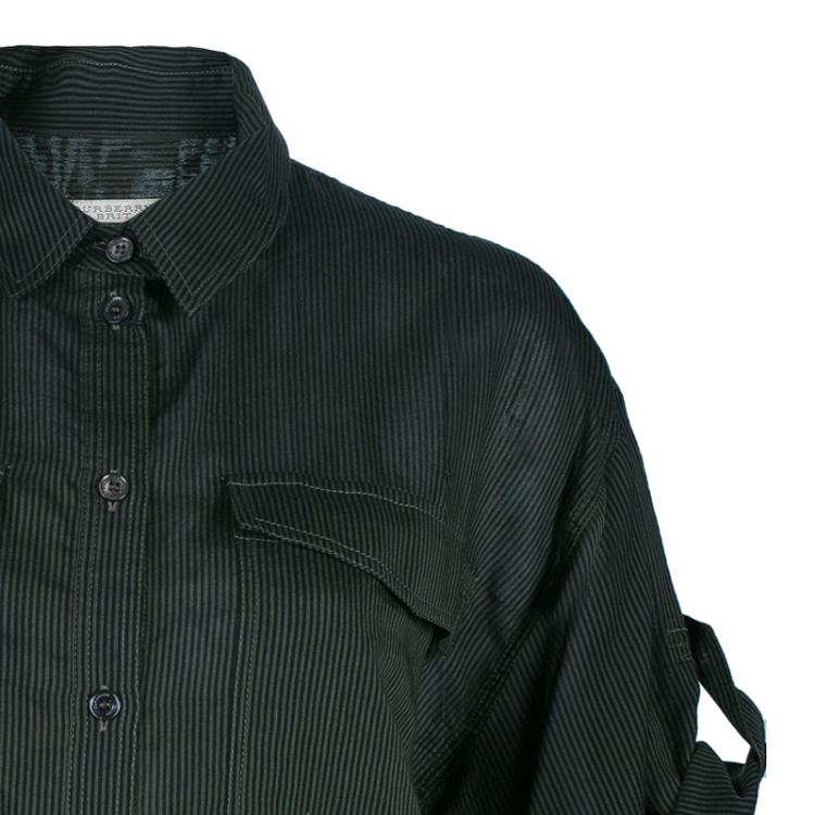 Pre Owned Burberry Brit Military Green Striped Button Down Shirt XL