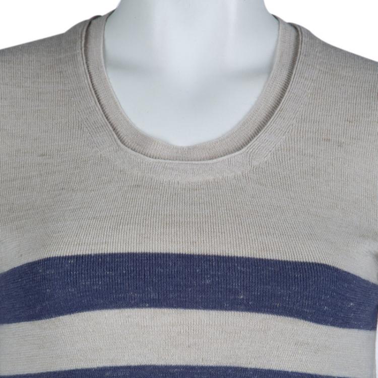 Pre Owned Burberry Brit Beige and Blue Striped Short Sleeve Sweater S