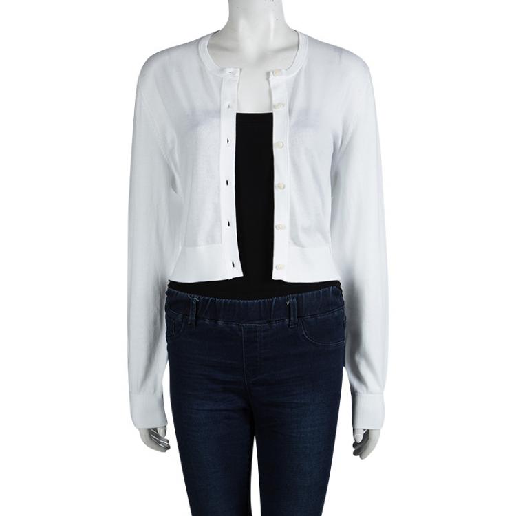 Pre Owned Burberry White Knit Ribbed Trim Cropped Cardigan XL
