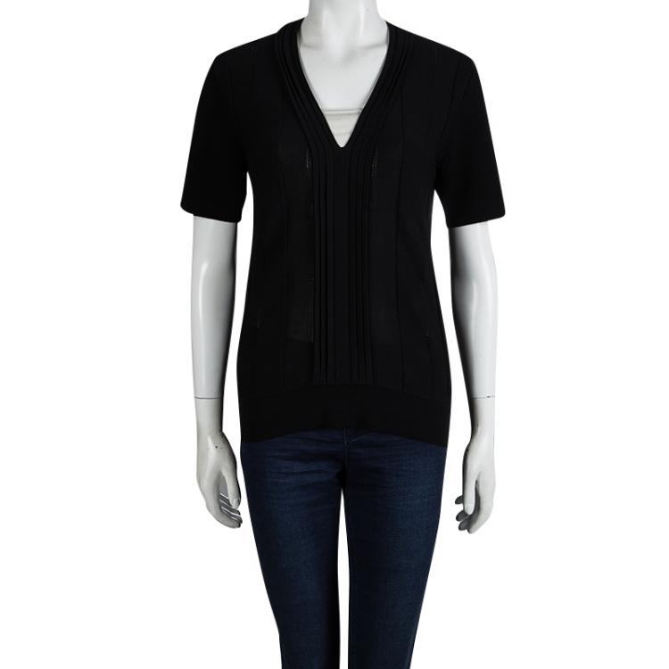 Pre Owned Burberry London Black Knit Pintuck Detail Short Sleeve Top L