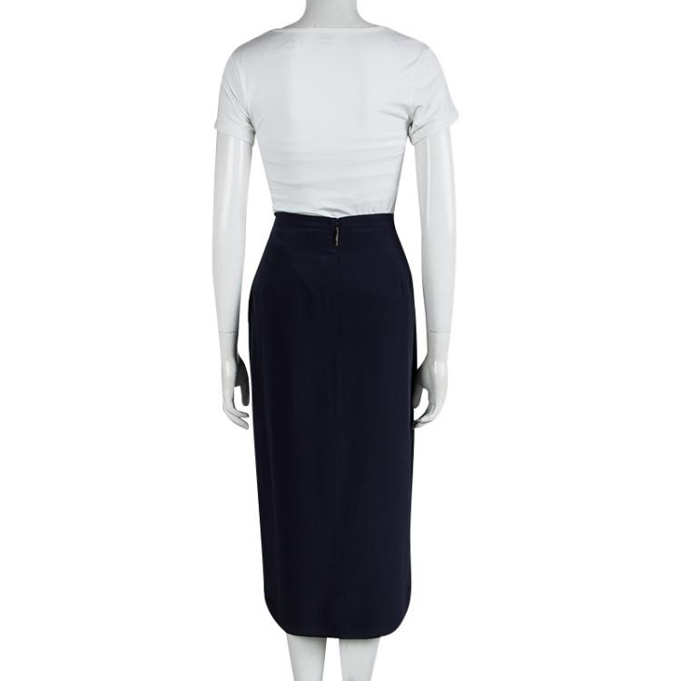 مملوكة مسبقًا Burberry London Navy Blue Silk Pleat Detail Skirt L