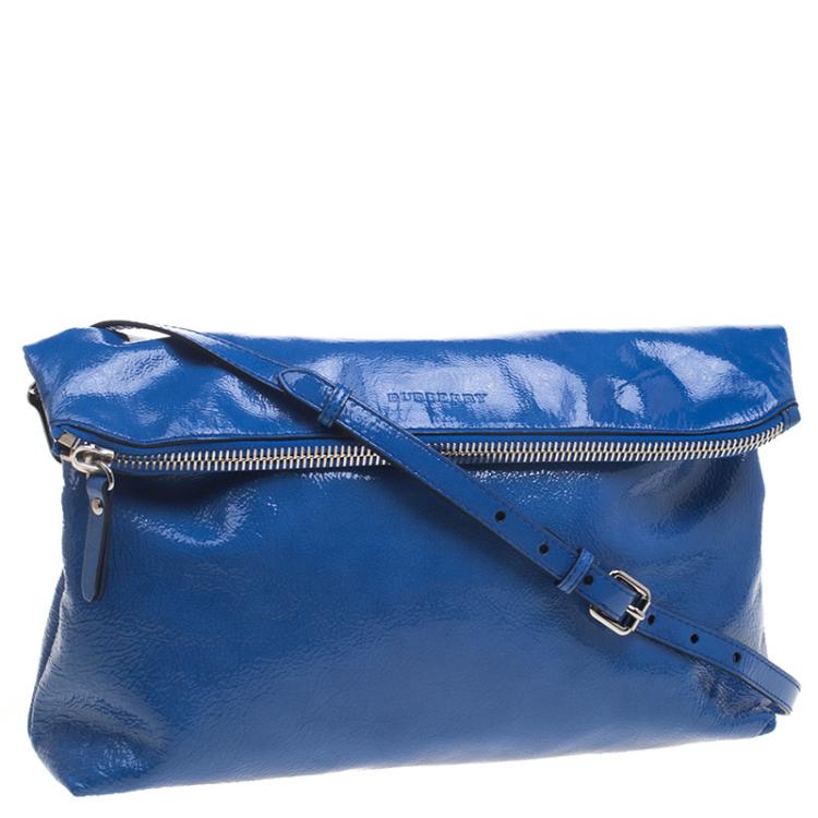 Pre Owned Burberry Blue Patent Leather Large The Petal Clutch