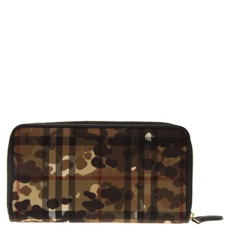 Pre Owned Burberry Camouflage Print Horseferry Check Canvas Elmore Zip Around Wallet