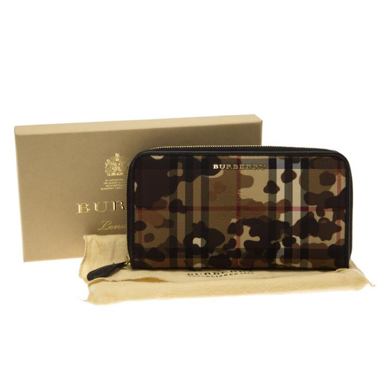 Pre Owned Burberry Camouflage Print Horseferry Check Canvas Elmore Zip Around Wallet