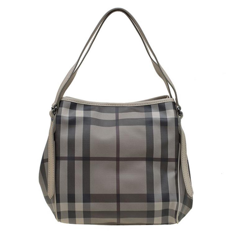 Burberry Canterbury Tote Leather and House Check Canvas Small Gray
