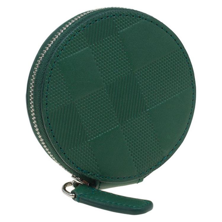 Pre Owned Burberry Forest Green Check Embossed Leather Round Coin Purse