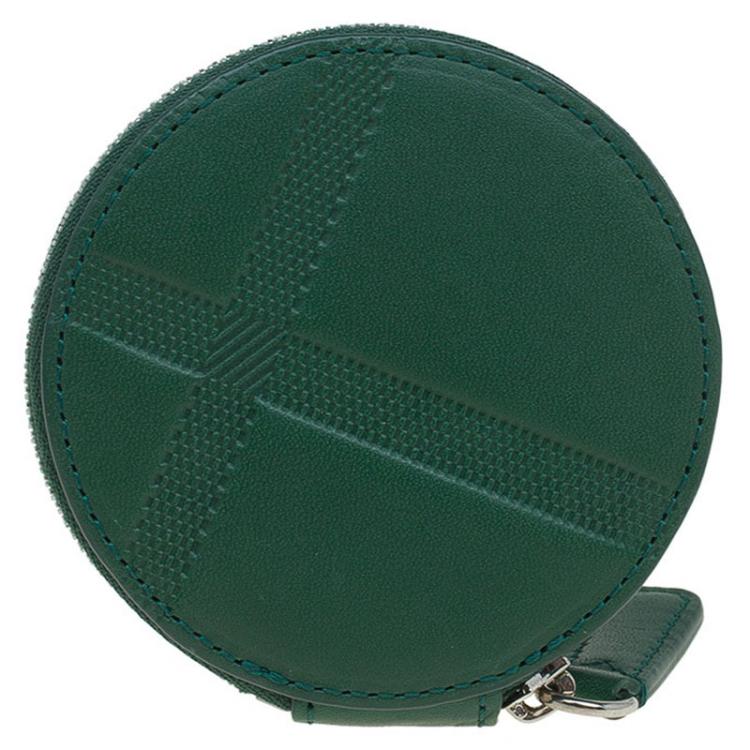 Pre Owned Burberry Forest Green Check Embossed Leather Round Coin Purse