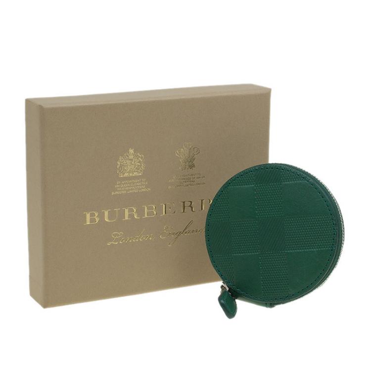 Pre Owned Burberry Forest Green Check Embossed Leather Round Coin Purse