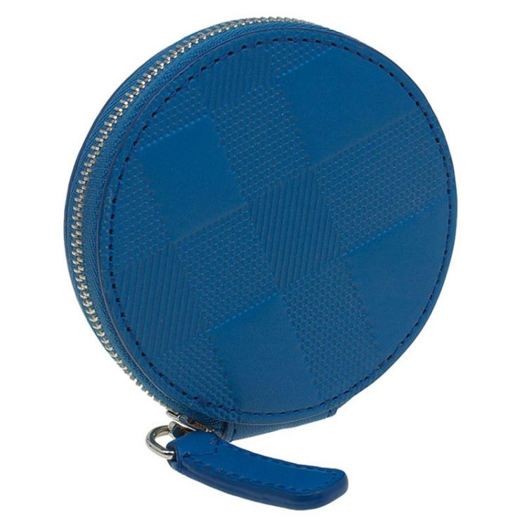 Pre Owned Burberry Blue Check Embossed Leather Round Coin Purse