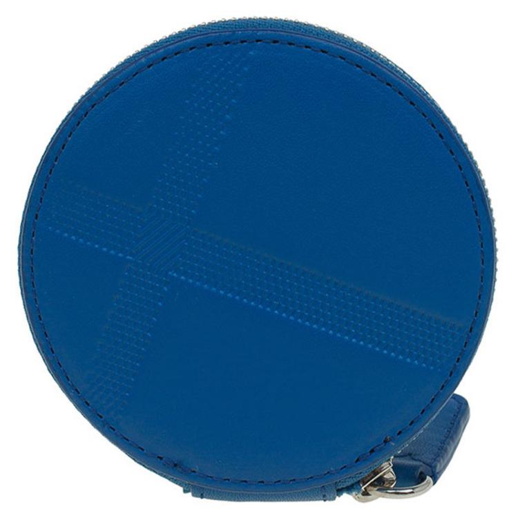 Pre Owned Burberry Blue Check Embossed Leather Round Coin Purse