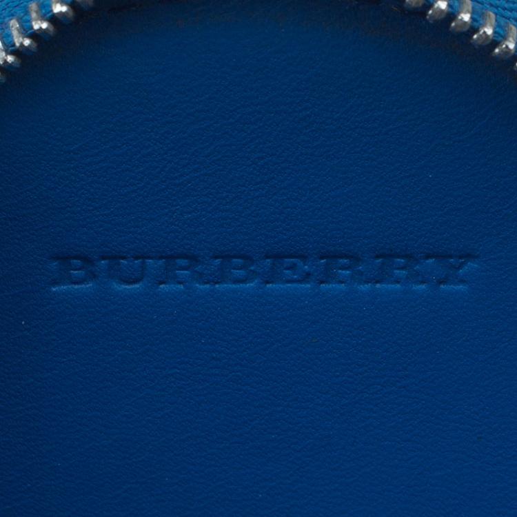 Pre Owned Burberry Blue Check Embossed Leather Round Coin Purse