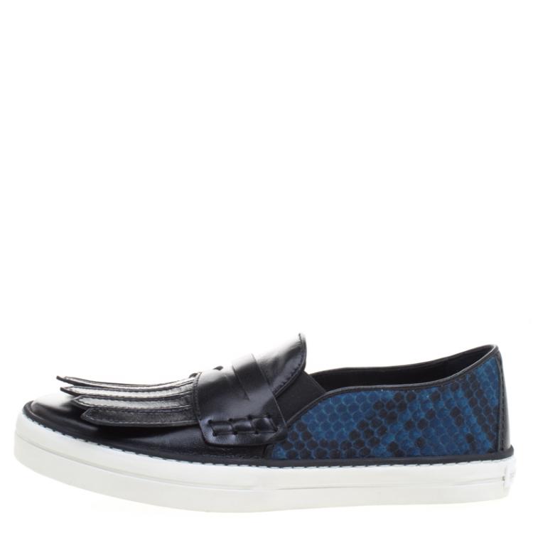 Pre Owned Burberry Black Fringe Leather and Printed Canvas Gauden Slip On Sneakers Size 37