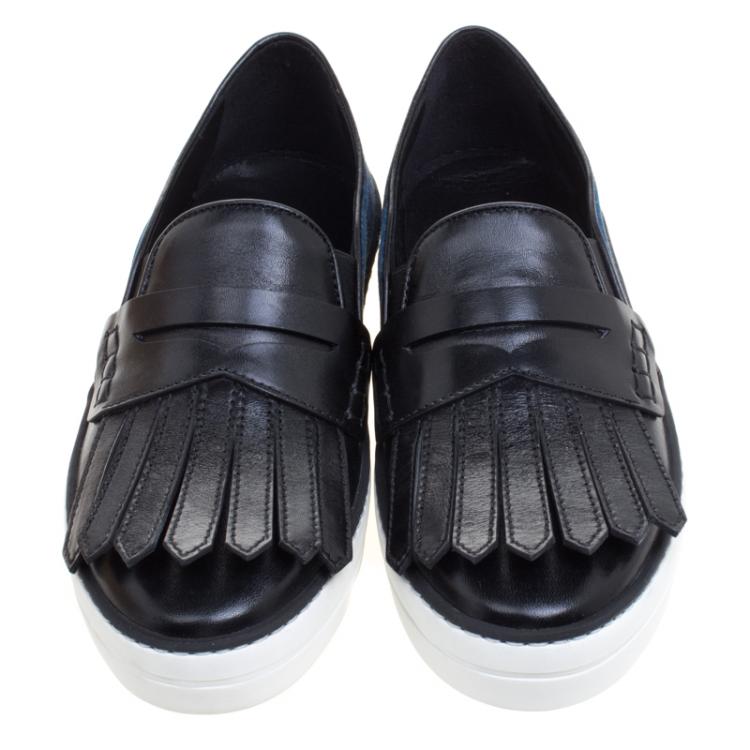 Pre Owned Burberry Black Fringe Leather and Printed Canvas Gauden Slip On Sneakers Size 37