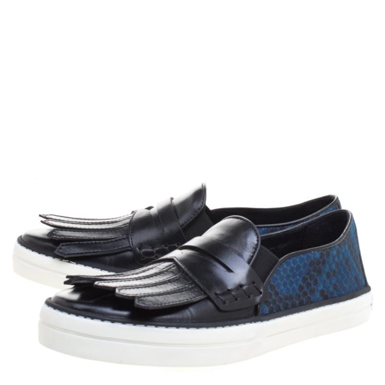 Pre Owned Burberry Black Fringe Leather and Printed Canvas Gauden Slip On Sneakers Size 37