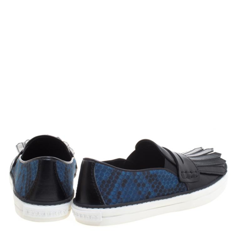 Pre Owned Burberry Black Fringe Leather and Printed Canvas Gauden Slip On Sneakers Size 37