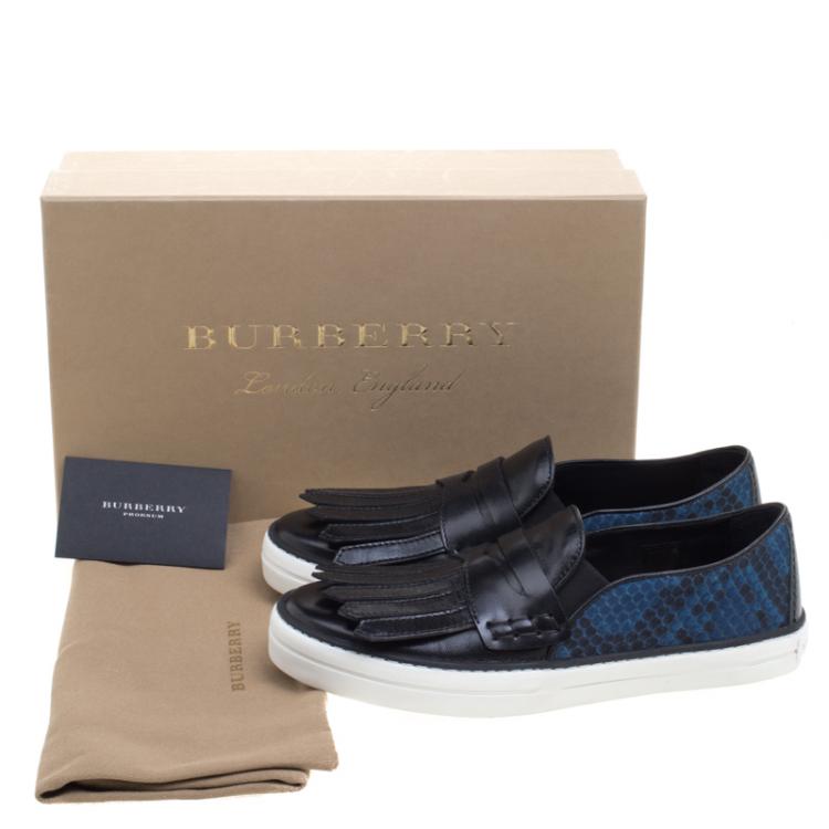Pre Owned Burberry Black Fringe Leather and Printed Canvas Gauden Slip On Sneakers Size 37