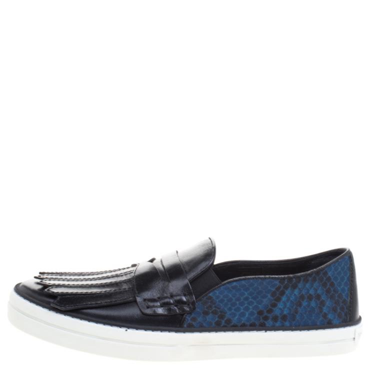 Pre Owned Burberry Black Fringe Leather and Printed Canvas Gauden Slip On Sneakers Size 39