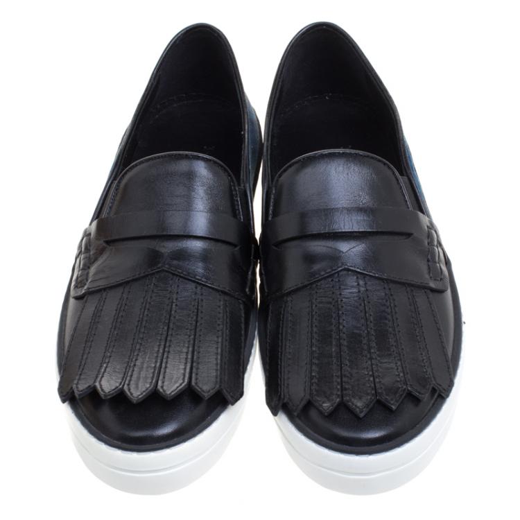 Pre Owned Burberry Black Fringe Leather and Printed Canvas Gauden Slip On Sneakers Size 39