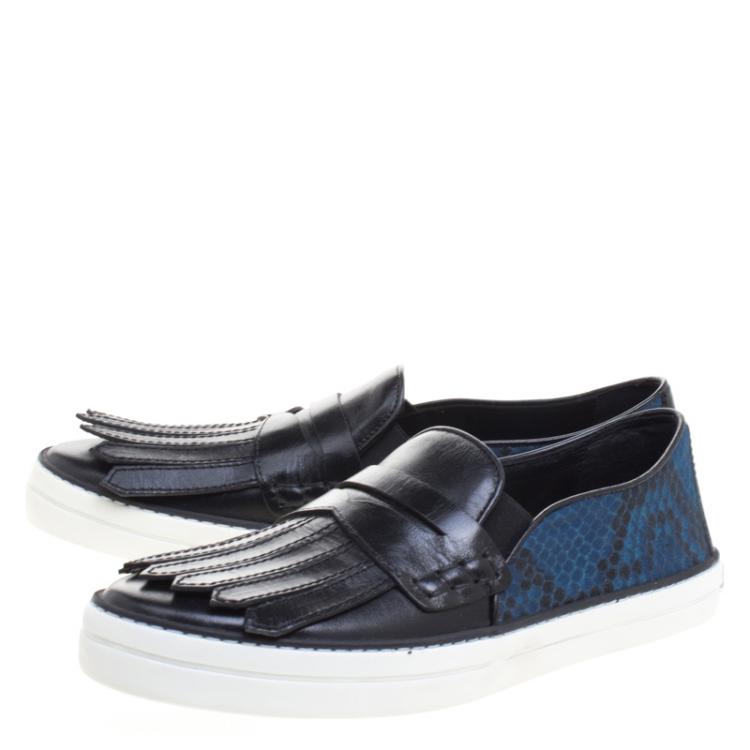 Pre Owned Burberry Black Fringe Leather and Printed Canvas Gauden Slip On Sneakers Size 39