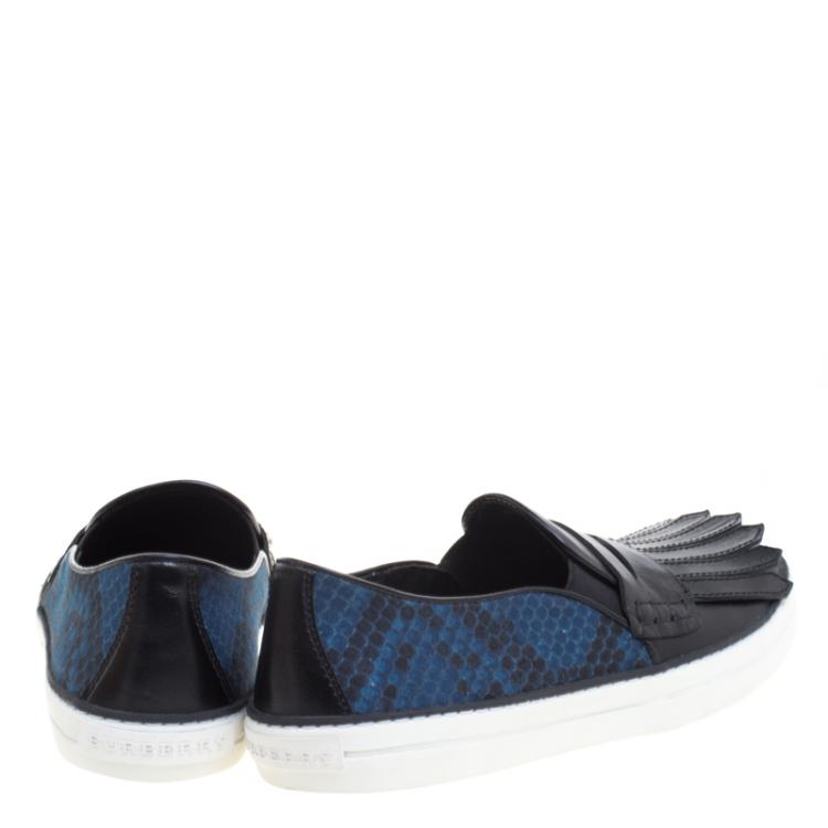 Pre Owned Burberry Black Fringe Leather and Printed Canvas Gauden Slip On Sneakers Size 39