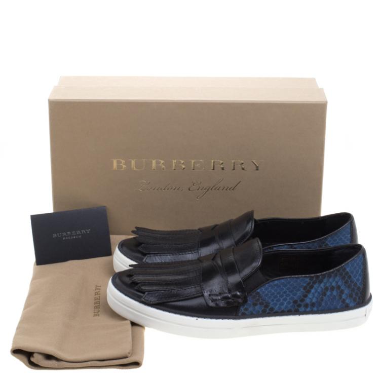 Pre Owned Burberry Black Fringe Leather and Printed Canvas Gauden Slip On Sneakers Size 39
