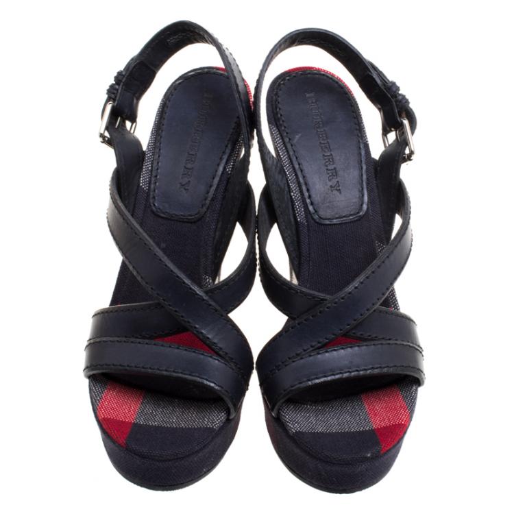 Pre Owned Burberry Blue Leather and Check Canvas Warlow Platform Wedge Sandals Size 40