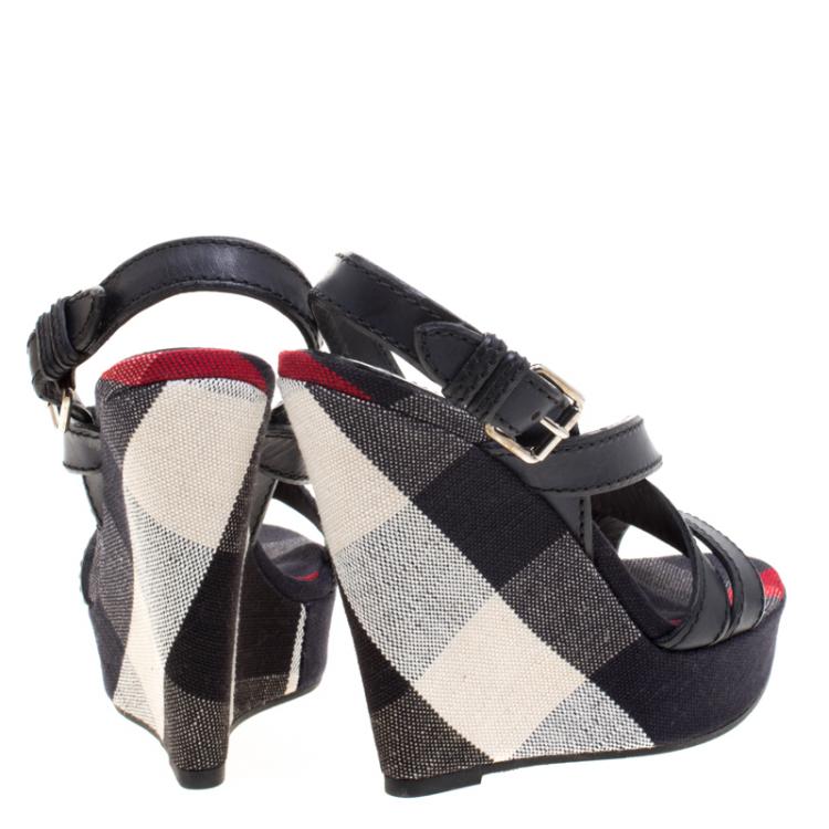 Pre Owned Burberry Blue Leather and Check Canvas Warlow Platform Wedge Sandals Size 40