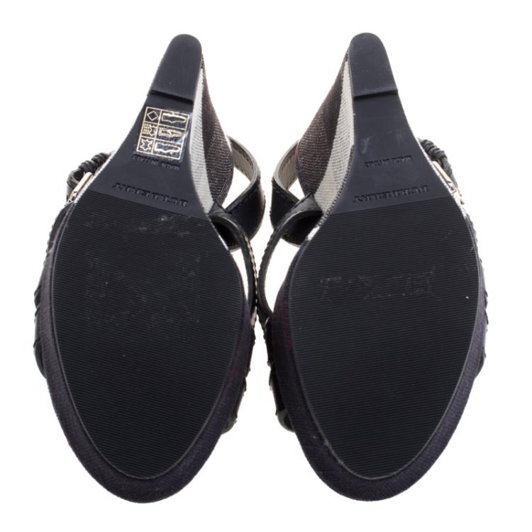 Pre Owned Burberry Blue Leather and Check Canvas Warlow Platform Wedge Sandals Size 40