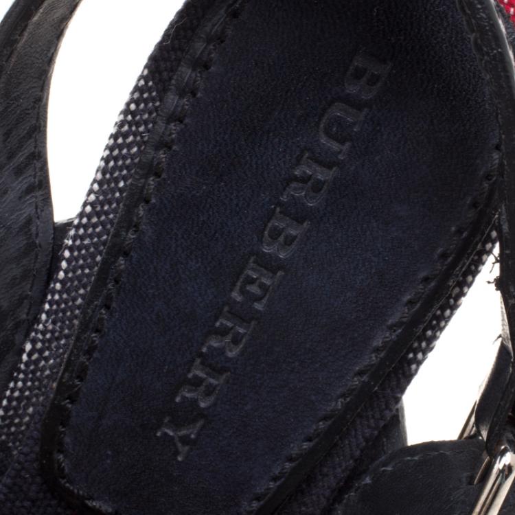 Pre Owned Burberry Blue Leather and Check Canvas Warlow Platform Wedge Sandals Size 40