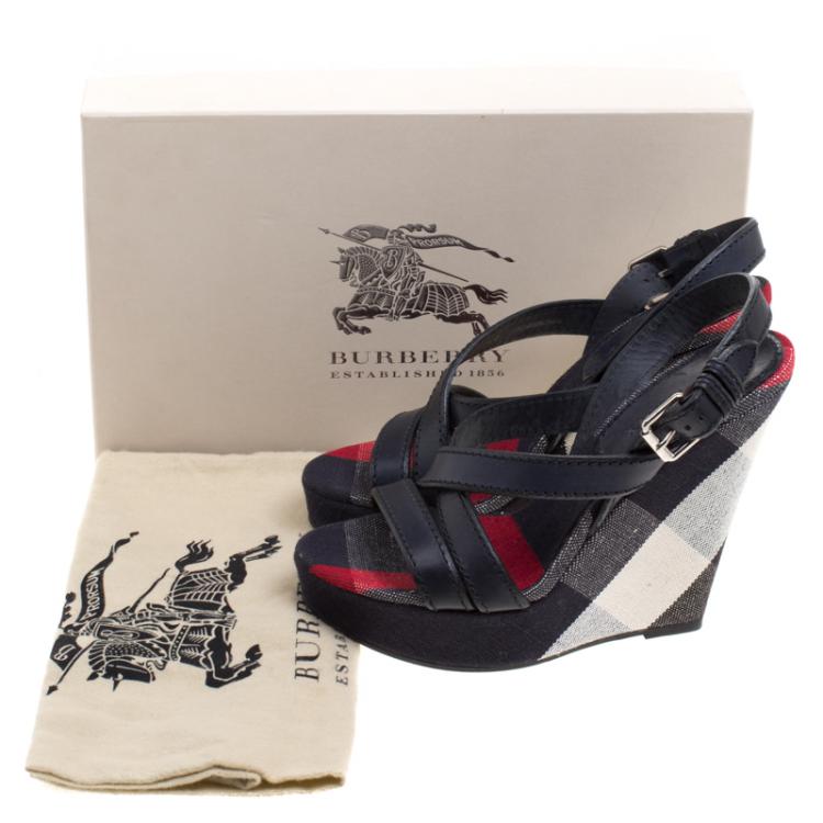 Pre Owned Burberry Blue Leather and Check Canvas Warlow Platform Wedge Sandals Size 40