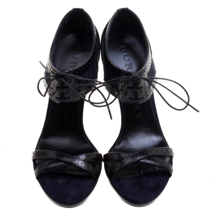 Pre Owned Burberry Navy Blue Suede and Black Brogue Leather Gauld Lace Up Sandals Size 38.5