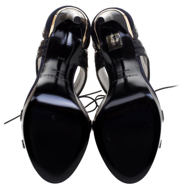 Pre Owned Burberry Navy Blue Suede and Black Brogue Leather Gauld Lace Up Sandals Size 38.5