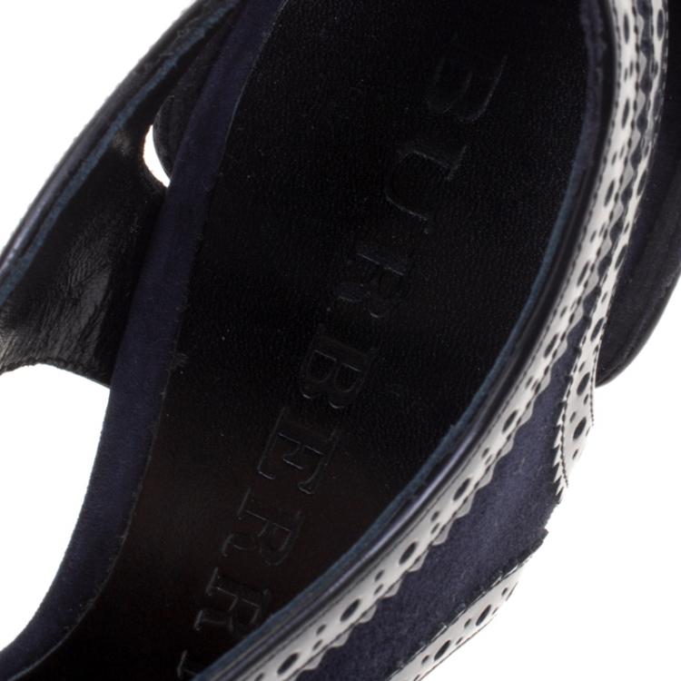 Pre Owned Burberry Navy Blue Suede and Black Brogue Leather Gauld Lace Up Sandals Size 38.5