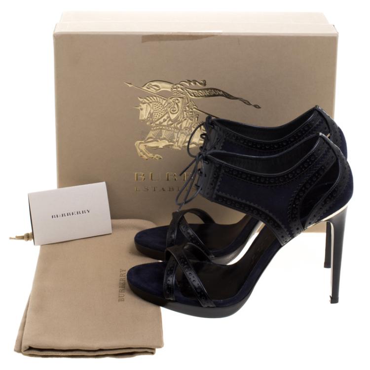 Pre Owned Burberry Navy Blue Suede and Black Brogue Leather Gauld Lace Up Sandals Size 38.5
