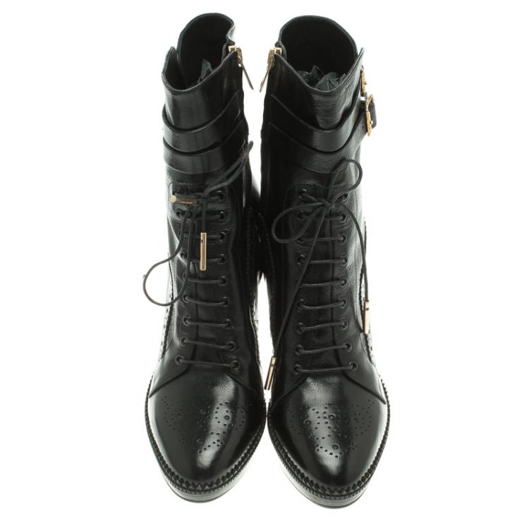 Pre Owned Burberry Black Brogue Leather Daleside Lace Up Platform Boots Size 39