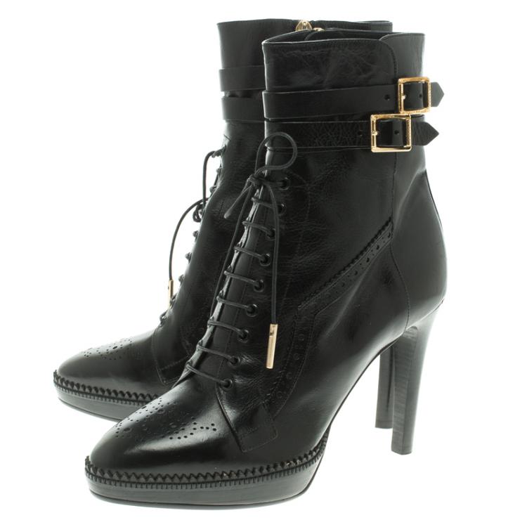 Pre Owned Burberry Black Brogue Leather Daleside Lace Up Platform Boots Size 39