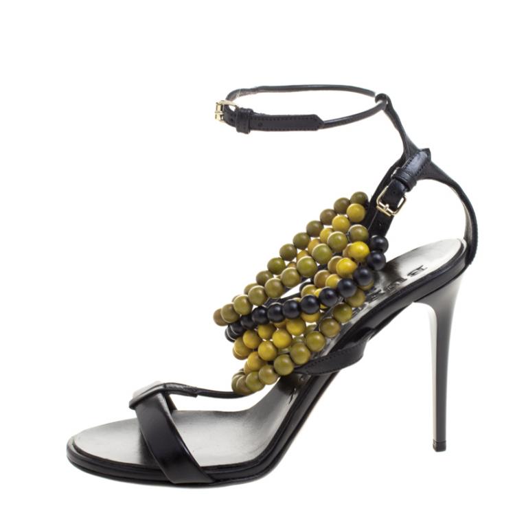 Pre Owned Burberry Prorsum Black T Strap Beaded Sandals Size 38