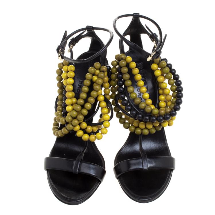 Pre Owned Burberry Prorsum Black T Strap Beaded Sandals Size 38