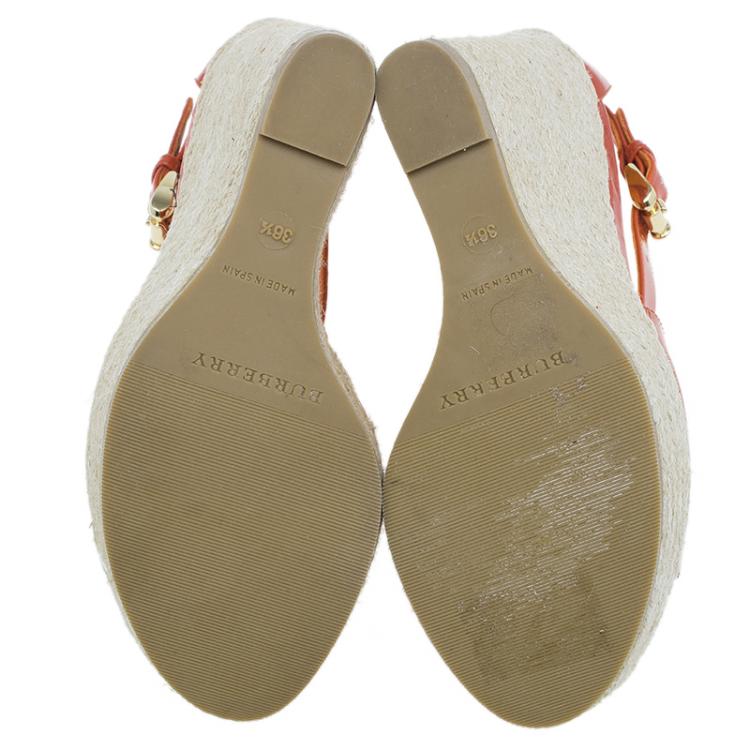 Pre Owned Burberry Orange Patent Leather Abbott Espadrille Wedges Size 36.5 