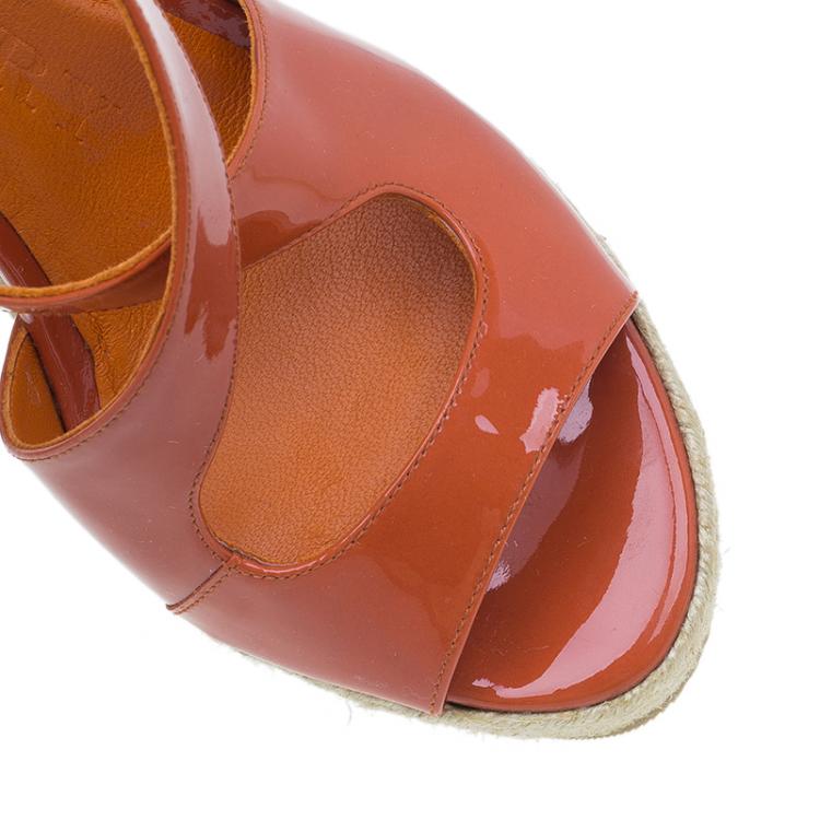Pre Owned Burberry Orange Patent Leather Abbott Espadrille Wedges Size 36.5 