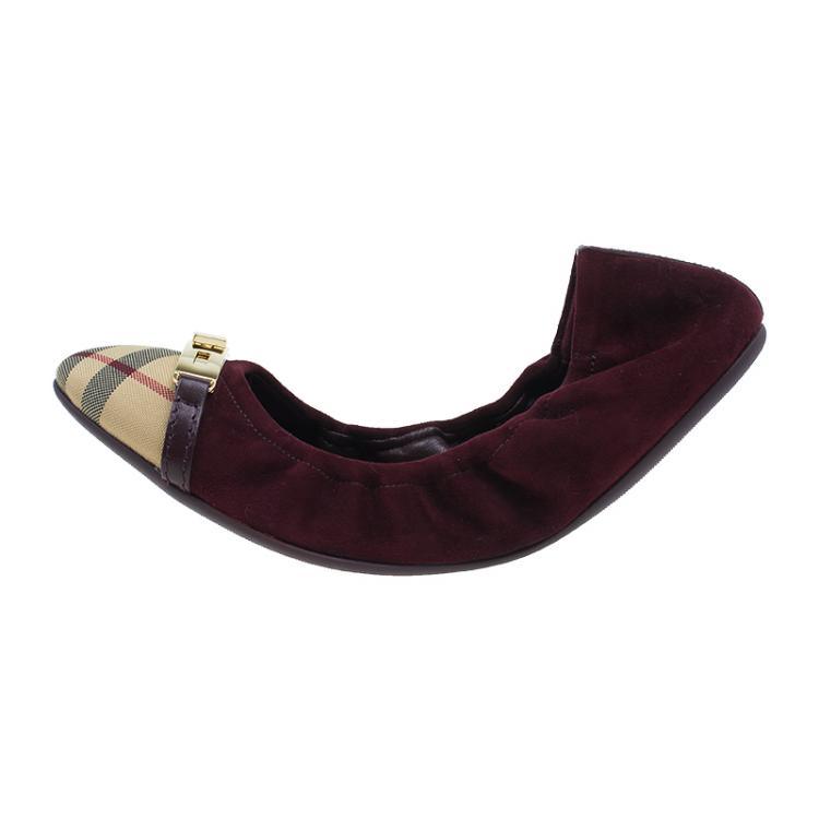 Pre Owned Burberry Burgundy Suede Twistlock Drayton and Novacheck Captoe Ballet Flats Size 39.5