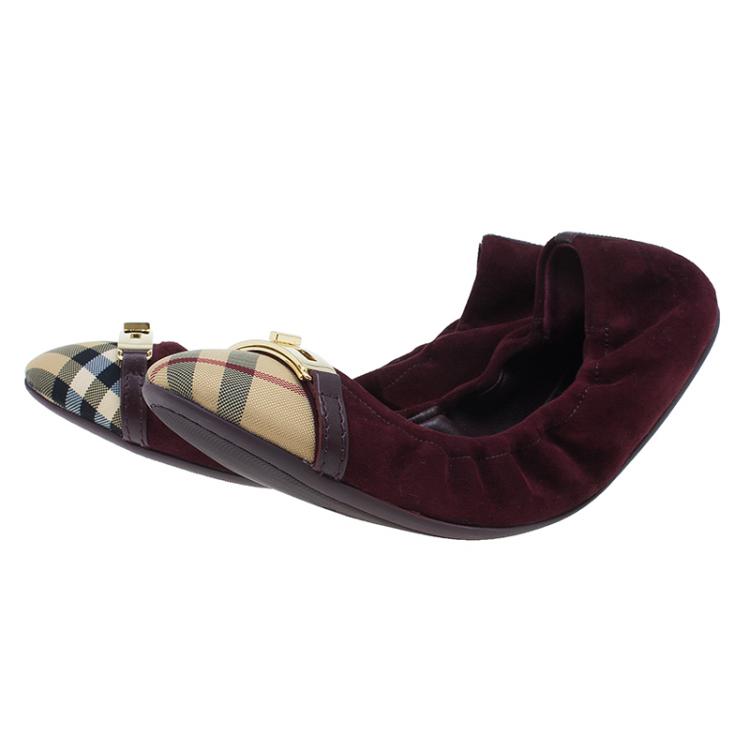 Pre Owned Burberry Burgundy Suede Twistlock Drayton and Novacheck Captoe Ballet Flats Size 39.5