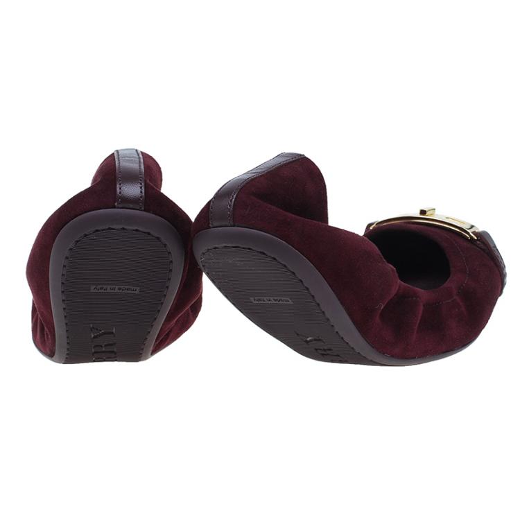 Pre Owned Burberry Burgundy Suede Twistlock Drayton and Novacheck Captoe Ballet Flats Size 39.5