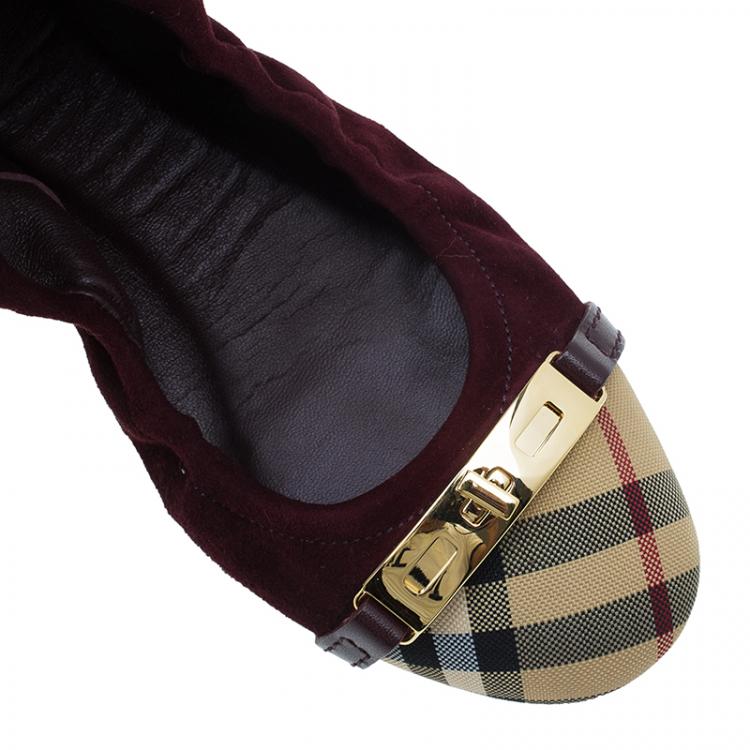 Pre Owned Burberry Burgundy Suede Twistlock Drayton and Novacheck Captoe Ballet Flats Size 39.5